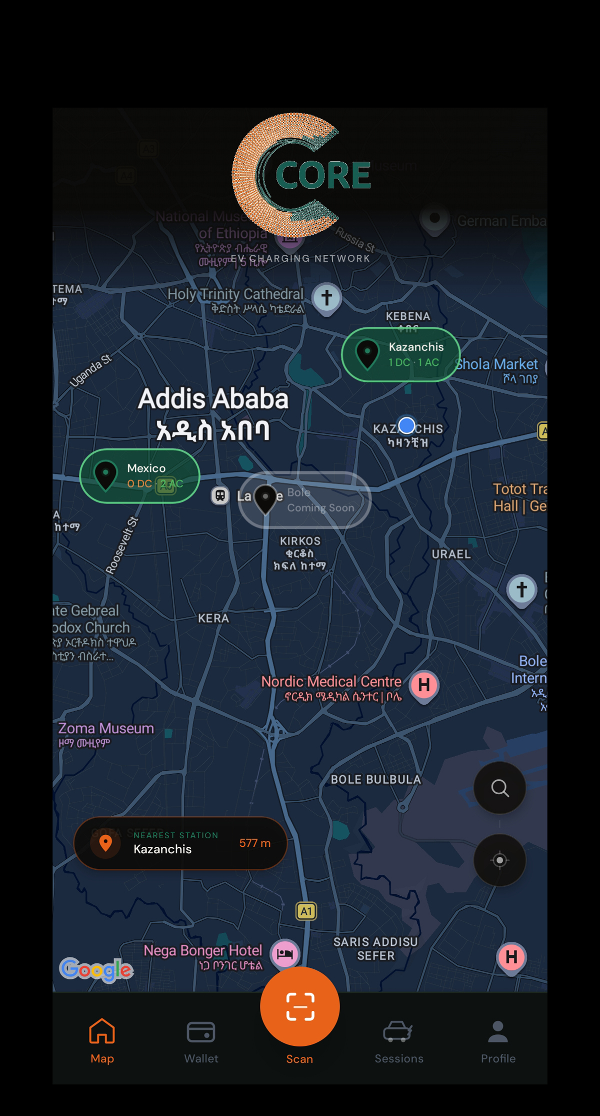 CORE Charge app map screen showing EV charging stations in Addis Ababa